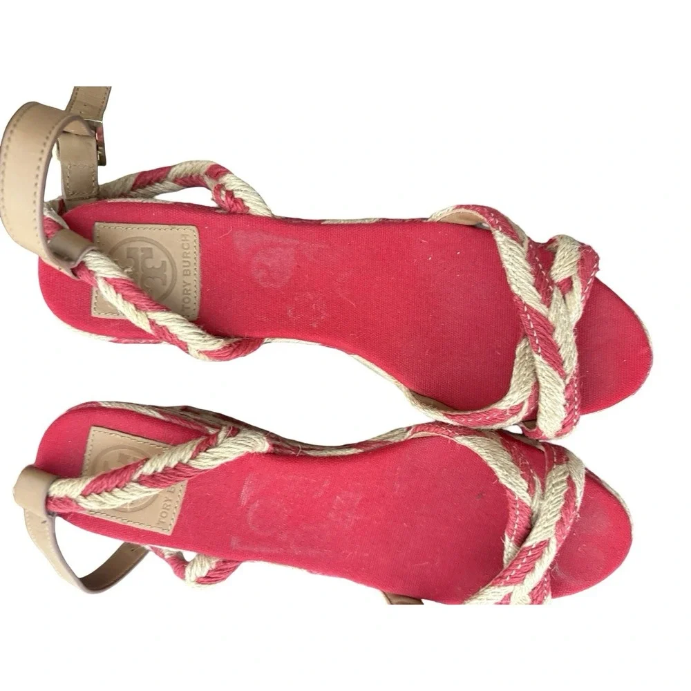 Tory Burch Camelia Jute Espadrille Wedge Sandals Size 11 red tan